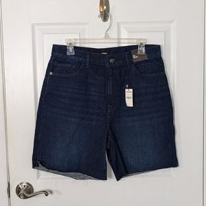 NWT Express Midi High‎ Rise Cut Off 100% Cotton Dark Wash Denim Shorts